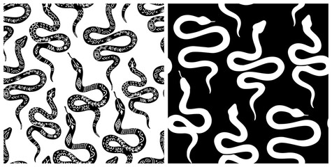 Snake pattern, black and white celestial serpent seamless pattern. Snake silhouettes in boho, mystical graphic style. Vector illustration bohemian ornament in linocut style. Mystic serpent background