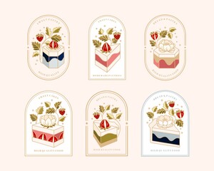 Collection of Vintage Cake Logo and Food Label with Strawberry, Frame, and Floral Elements