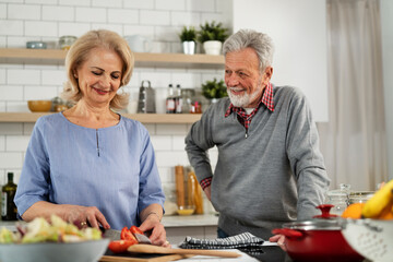 Old woman and man cooking in the kitchen. Smiling husband and wife preparing a tasty meal.