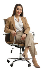 Young businesswoman sitting in comfortable office chair on white background