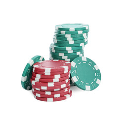 Plastic casino chips stacked on white background. Poker game