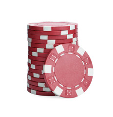 Red casino chips stacked on white background. Poker game