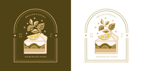 Hand drawn vintage cake, pastry, bakery logo, label, food product elements with lemon, leaf branch and frame