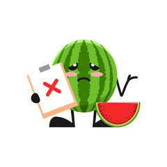 vector illustration of cute watermelon fruit medical or character wrong sign. cute watermelon fruit Concept White Isolated. Flat Cartoon Style Suitable for Landing Page, Banner, Flyer, Sticker.