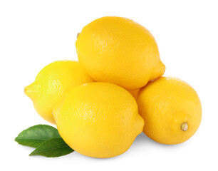 Fresh ripe lemons with green leaves isolated on white