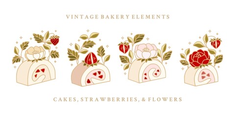 Set of cute hand drawn roll strawberry cheesecake with rose and peony flower elements for food logo or brand label
