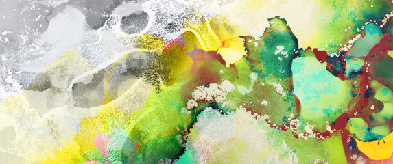 art photography of abstract fluid painting with alcohol ink, green, gray, yellow and gold colors