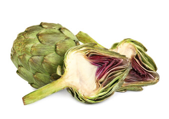 Cut and whole fresh artichokes on white background