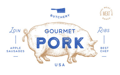 Pork, pig. Template Label. Vintage retro print