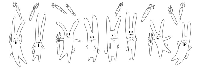 Black and white linear vector illustration. Eight funny, emotional rabbits and carrots. Coloring