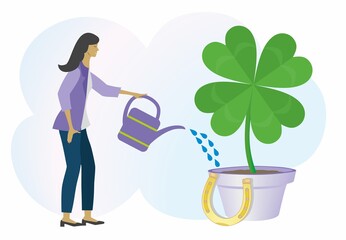 Woman giving water to big four leaf clover and hope to improve her luck. The image could be found with other ethnicity. Vector illustration. EPS10.
