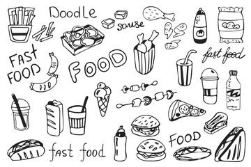 Hand drawn fast food doodle set. Fast food symbols and objects isolated on white background. Vector illustration