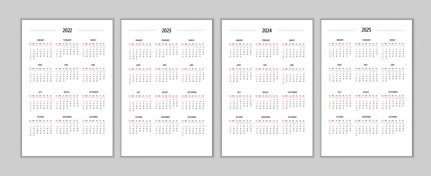 2022 2023 2024 2025 calendar set classic strict minimalist style. Monthly calendar minimalism restrained no-nonsense businesslike design for business notebook vertical format. Week starts on sunday