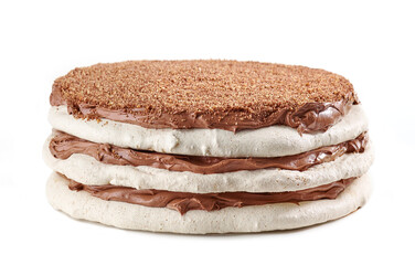 homemade meringue and nut cake with chocolate cream