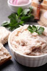 Delicious lard spread on grey table, closeup