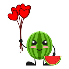 vector illustration of cute watermelon fruit valentine or character holding love balloon. cute watermelon fruit Concept White Isolated. Flat Cartoon Style Suitable for Landing Page, Banner, Sticker.