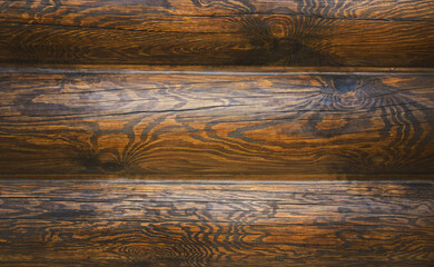 Wall of timber, wooden. Without painting, visible wood, texture, cracks and crevices, front view...