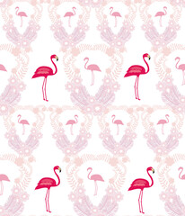 Seamless flamingo bird pattern - white and pink