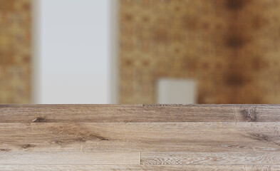 Background with empty wooden table. Flooring. Modern bathroom including bath and sink. 3D rendering.