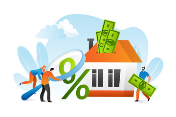 Mortgage loan with finance investment for apartment ownership concept, vector illustration. Man woman character look at percent sign