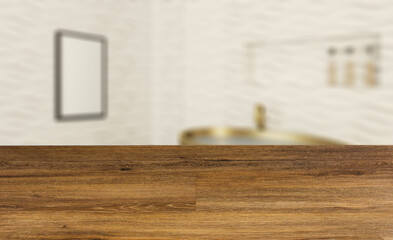 Spacious bathroom in gray tones with heated floors, freestanding tub. 3D rendering.. Blank paintings.  Mockup.. Abstract blur phototography. wooden table on blurred background.