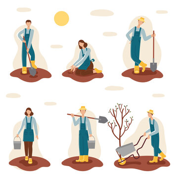 Gardeners set. People, men and women are planting in the spring in the garden. Illustration in cartoon style