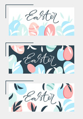 Naklejka premium Easter banner set with eggs and leaves. Happy Easter design with lettering in pastel colors.