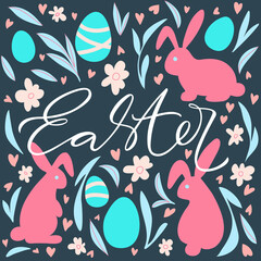 Easter pattern with lettering, eggs, rabbits and hearts. Happy Easter design in pastel colors. Modern greeting card.