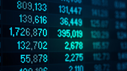 Fototapeta premium Financial data in term of a digital prices on LED display. A number of daily market price and quotation of prices chart to represent candle stick tracking in Forex trading. 