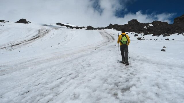 Climbing Elbrus. Training and acclimatization on the slope of Elbrus. The road to the top of Elbrus. Caucasus, Russia.