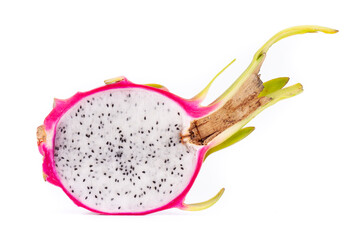 one half dragon fruit pitaya, on white background, isolated