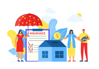 Family property house insurance, vector illustration. Flat business service for finance care protection, woman agent character save couple house