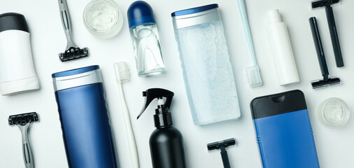 Concept of men's hygiene tools on white background