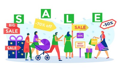 Discount sale for man woman customer in store, vector illustration. People character buy goods in shop, flat market with special offer concept.