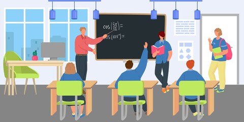 Teacher at lesson, student children study for education, vector illustration. School class with blackboard for boy girl child character.