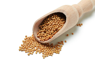 Wooden scoop with mustard seeds isolated on white background
