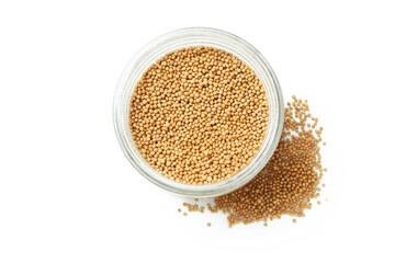 Glass jar with mustard seeds isolated on white background