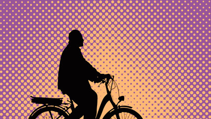 Fototapeta na wymiar Pop art, retro comic style. A male cyclist on an e-bike rides against the backdrop of sunset. Black silhouette of an old man in profile. Active pension. Travel. Sport. Vector illustration, EPS 10.