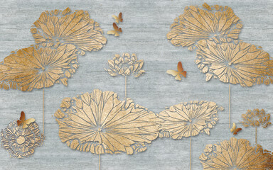 Fototapety  3d ilustracja, abstrakcyjne beżowe lilie wodne na szarym tle z teksturą