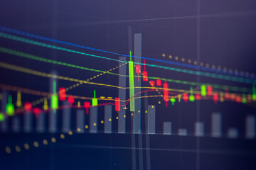 Stock market data on digital LED display. Fundamental and technical analysis with candle stick graph chart of stock market trading to represent about Bullish and Bearish point.	
