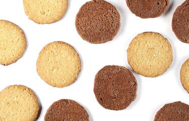 Oat cookies with milk chocolate isolated on white background, top view