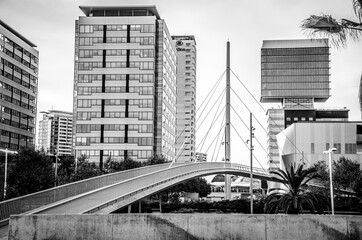 Fototapeta premium Monochrome bridge beside Barcelona's city beach with modern architecture