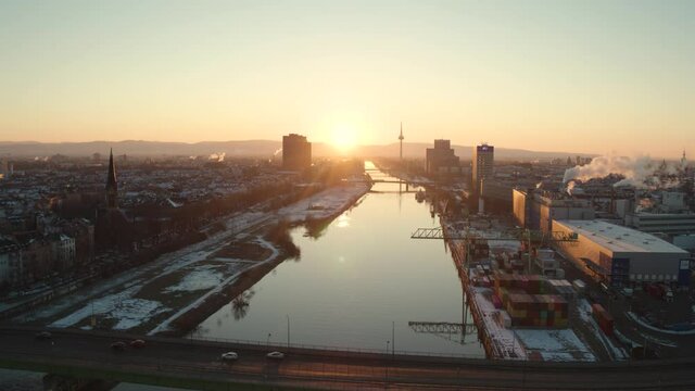 Beautiful Sunrise over Cityscape, Mannheim, Rhein River 