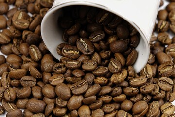Roasted coffee beans and porcelain white coffee cup