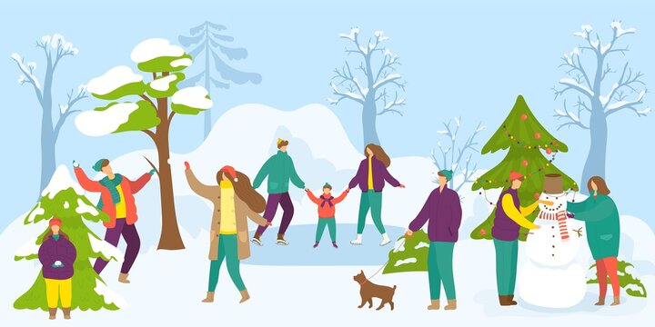 Winter, snow season activity outdoor, vector illustration. Man woman people character make snowman together, active holiday at cold park landscape.