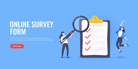 Checklist complete business concept tiny people with megaphone, magnifying glass nearby giant clipboard, task done and check mark ticks flat style design vector illustration isolated white background.