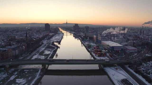 Beautiful Sunrise over City Bridge in Winter, Cinematic