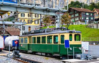 Old locomotive at Lauterbrunnen railway station in Switzerland