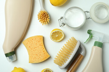 Cleaning concept with eco friendly cleaning tools on white background
