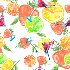 seamless pattern with watercolors - from tropical fruit, citrus spray, lemon, orange, lime, grapefruit paint splash. berry, strawberry. wine glass with vermouth. Strawberry citrus cocktail. party 